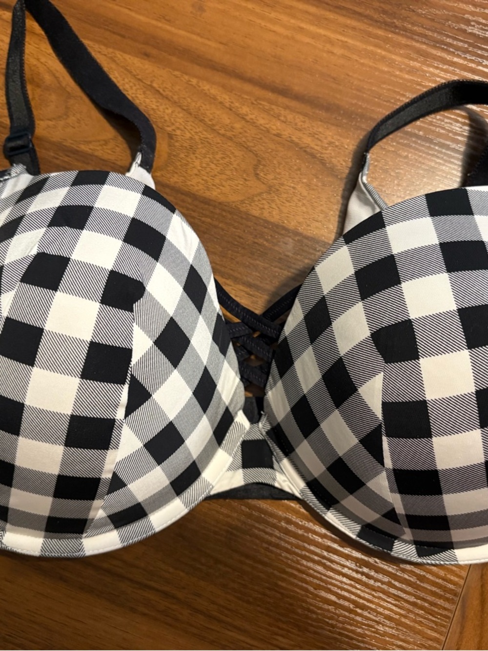 Gingham Push-Up Bra with Crisscross Detail - Black & White